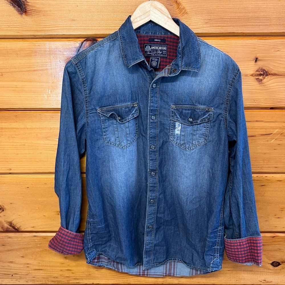 American Rag Shirt Men’s Small Blue Denim Plaid Shacked Snap Front